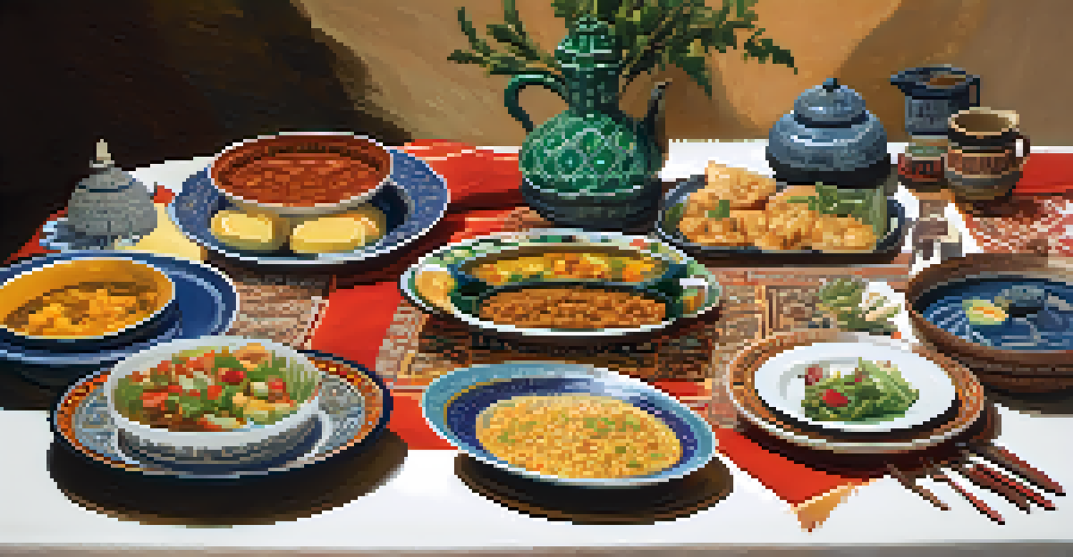 A table at a cultural exchange event in Boulder, showcasing diverse dishes with colorful plates and small flags, illuminated by warm lighting.