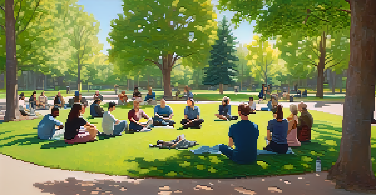 A group of people sitting in a circle in a park for a mental health workshop, surrounded by trees and a clear blue sky.