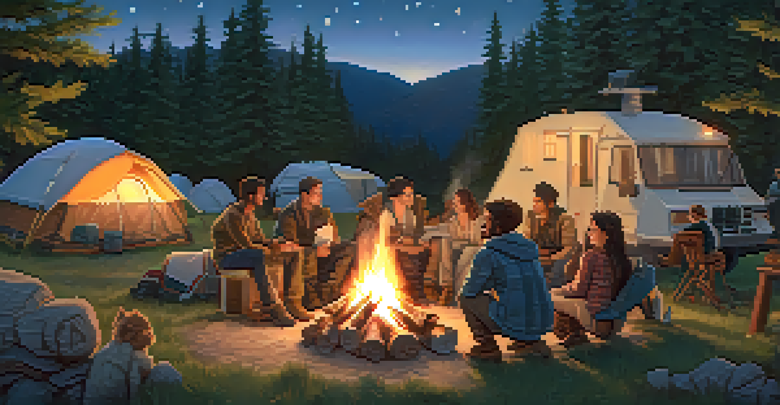 A group of friends gathered around a campfire at dusk, sharing stories and laughter, with tents and a starry sky in the background.