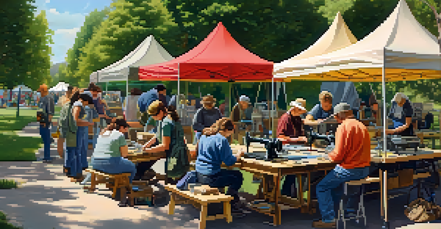 A community workshop in a park where people are learning to repair outdoor gear, with sewing machines and tools set up on tables.