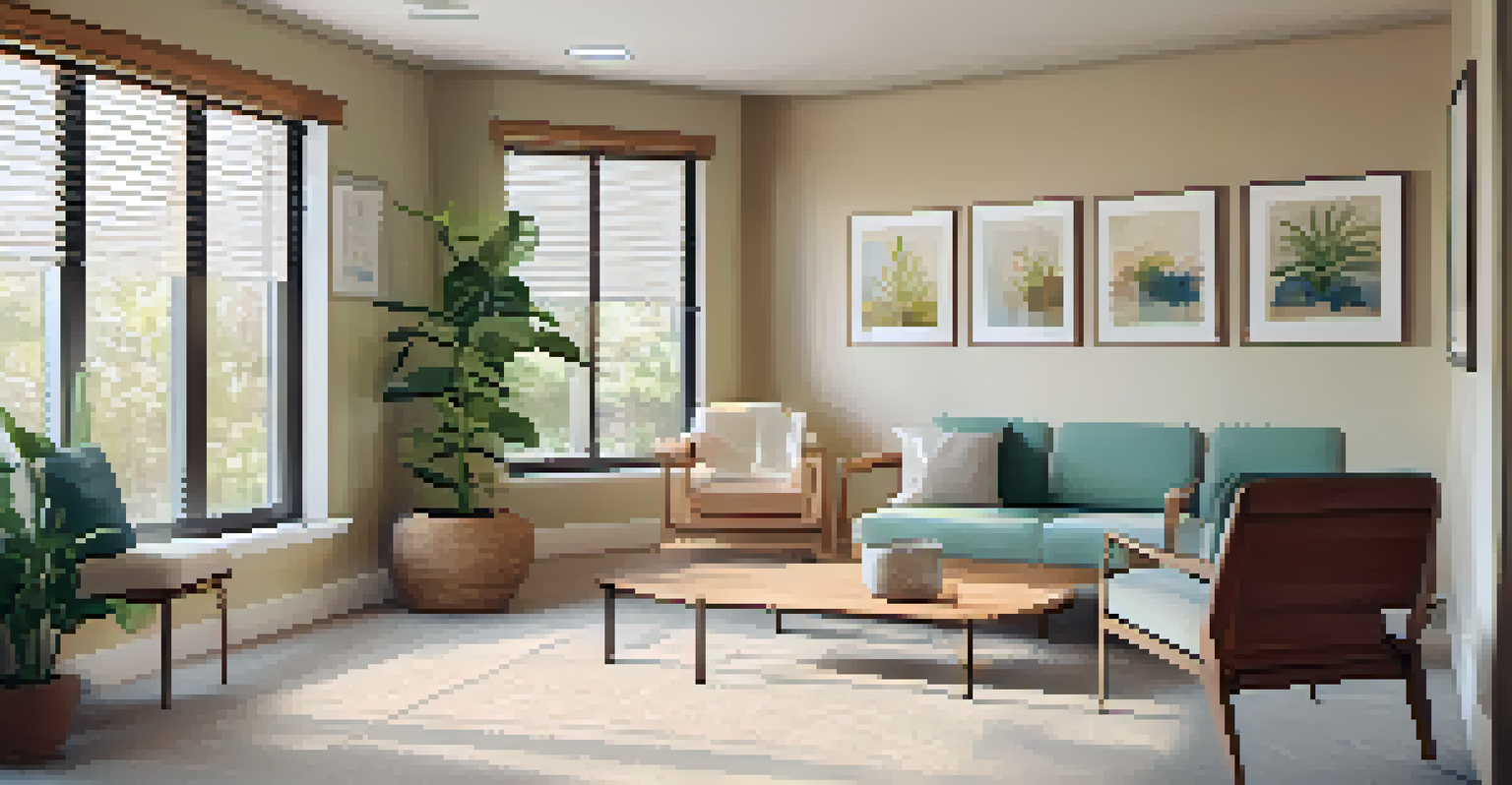 A cozy therapy room with warm colors, comfortable seating, and natural light, designed for mental health support.