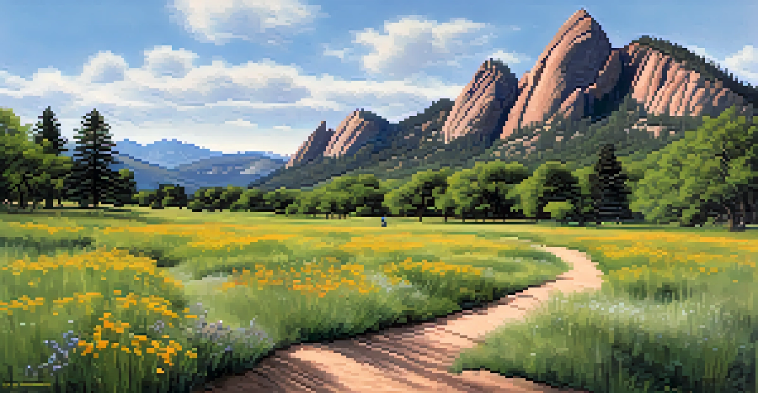 A peaceful view of Chautauqua Park with climbers preparing to ascend the Flatirons in Boulder.