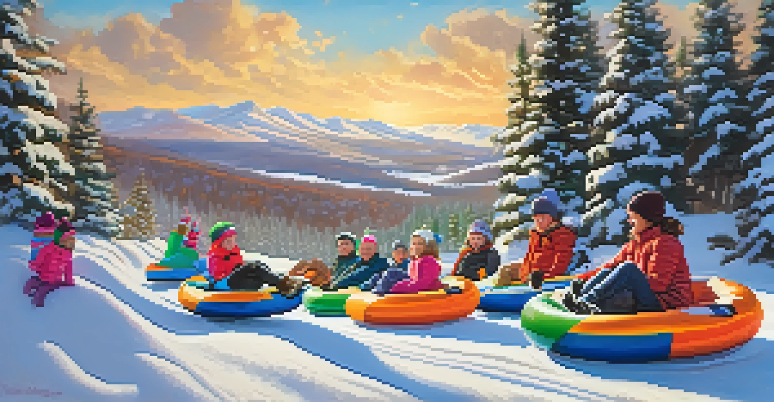A family tubing down a snowy hill in Boulder, with bright skies and trees in the background.