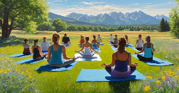 A group of people practicing yoga on a grassy hill with mountains in the background, featuring bright wildflowers and sunlight filtering through trees.