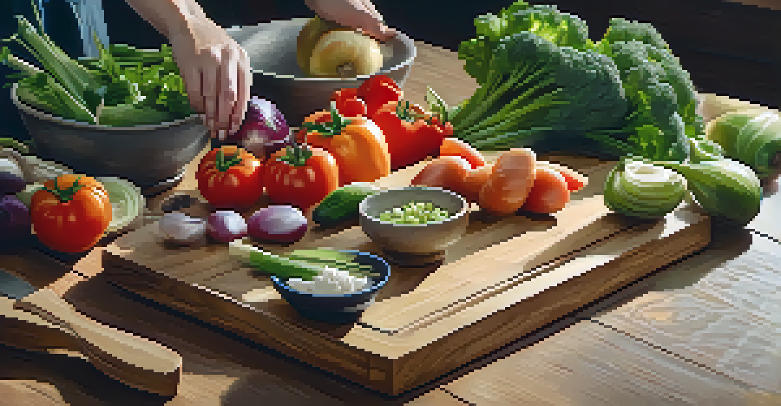 A close-up view of a person chopping fresh vegetables on a wooden cutting board, emphasizing the colors and textures.