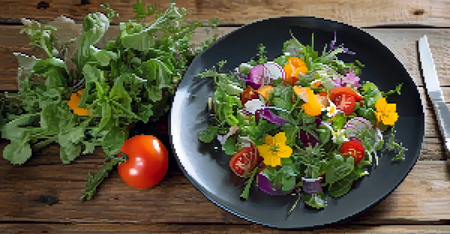 An artistic gourmet salad with heirloom tomatoes and greens, served alongside a glass of craft beer on a rustic table.