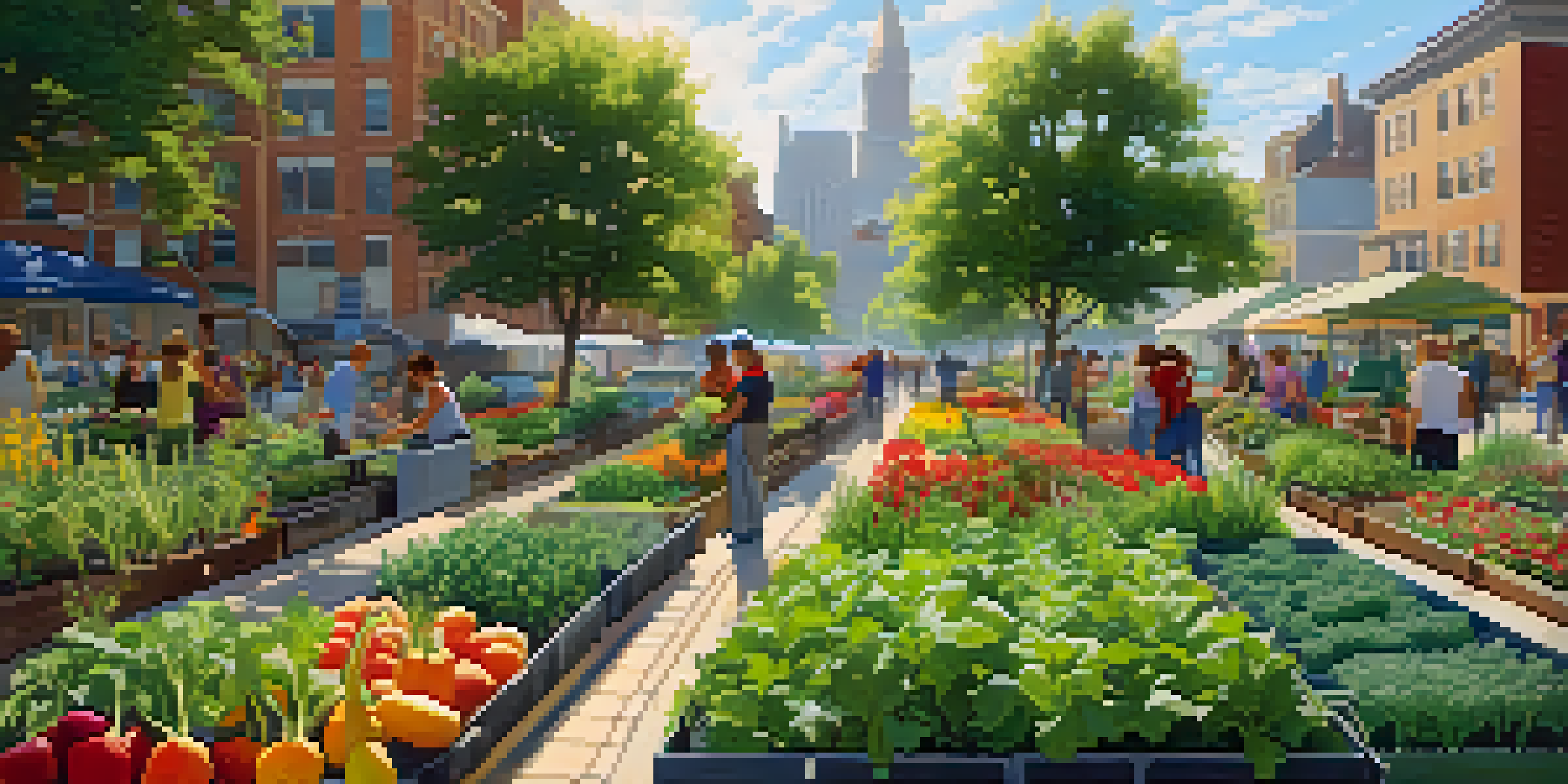 A lively community garden with people of different backgrounds gardening together, surrounded by colorful plants and sunlight filtering through the leaves.