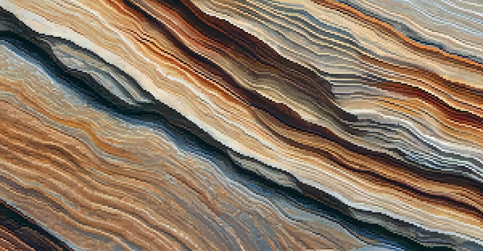 A close-up view of layered sedimentary rocks in Boulder, displaying textures and patterns under soft natural light.