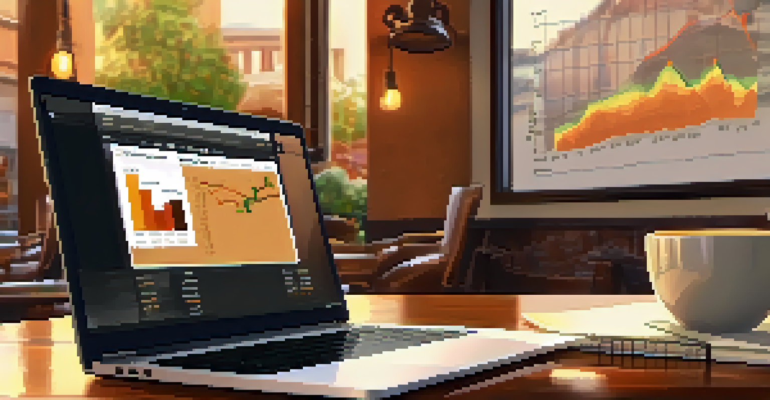 A close-up of a laptop showing a growth chart, with a coffee cup and notebook in a café setting.