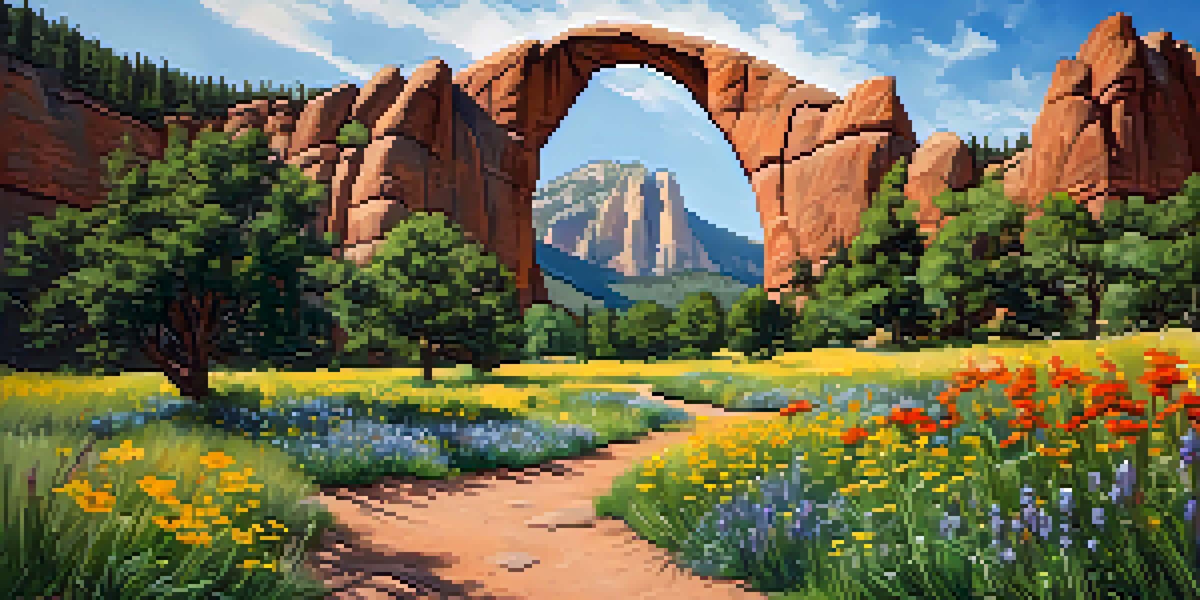 The Royal Arch surrounded by sandstone formations and wildflowers, with hikers taking photos.