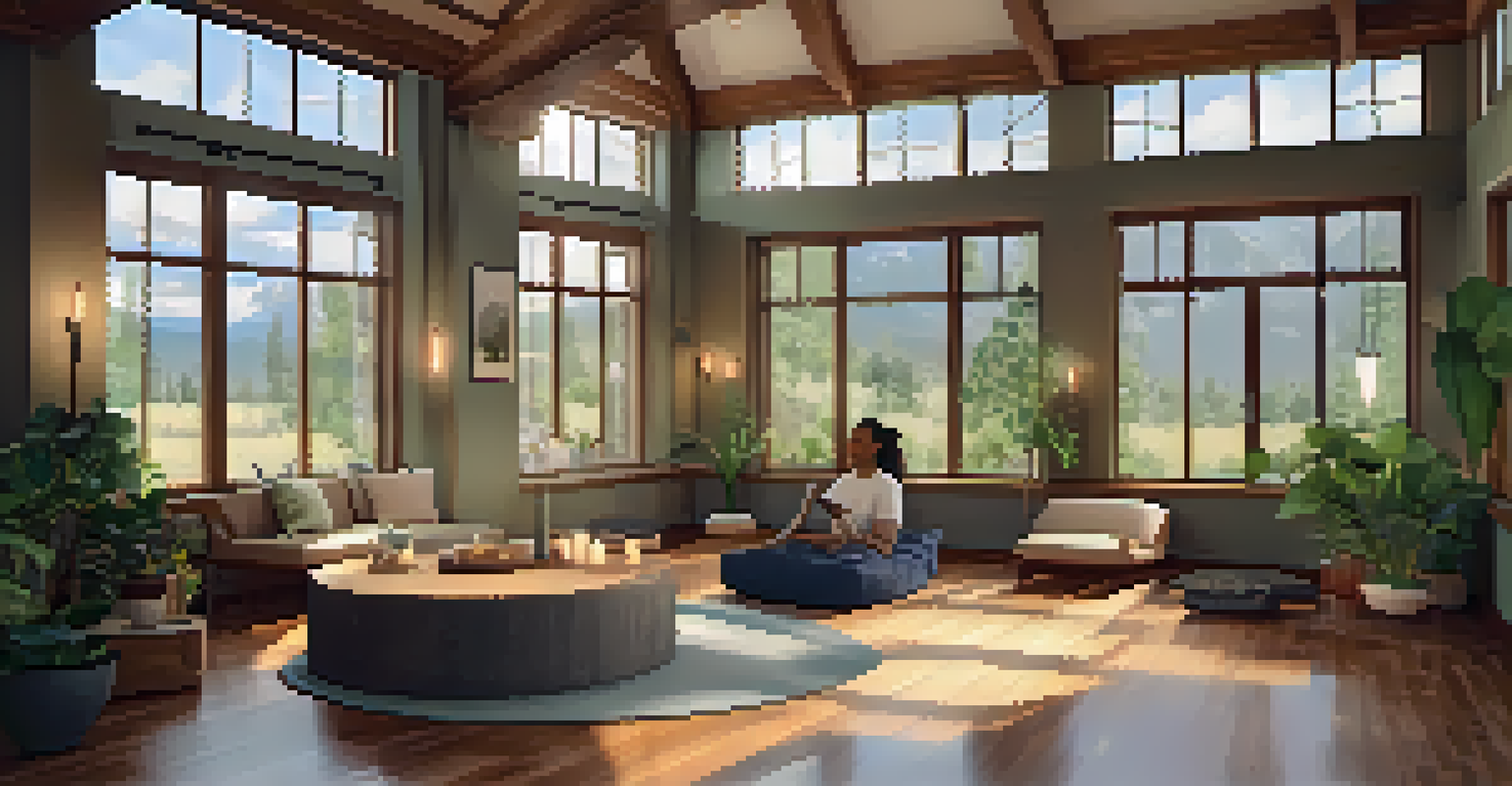 The interior of a mindfulness meditation center with cushions arranged in a circle and a facilitator guiding a session.
