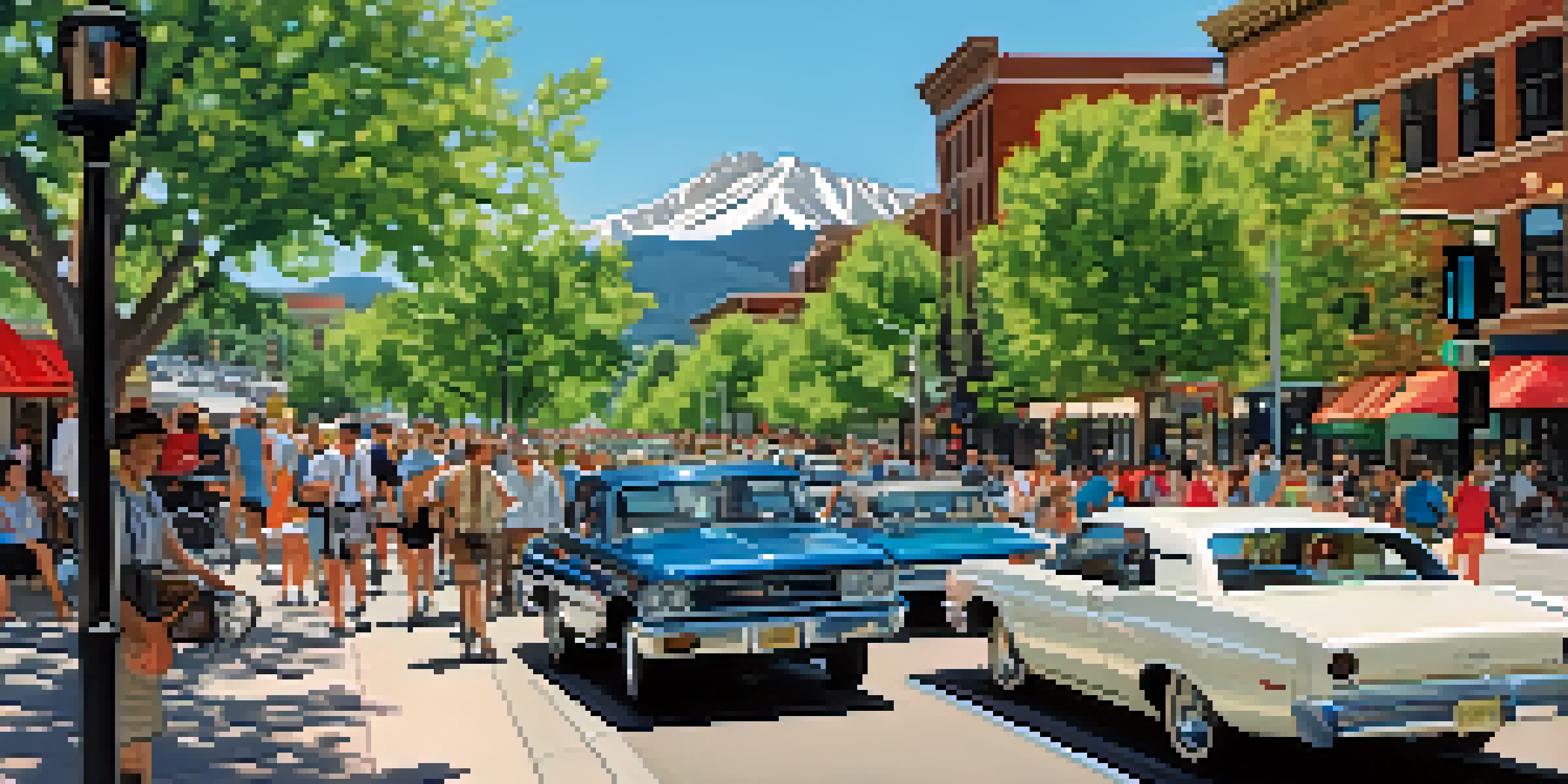 A busy street in Boulder, Colorado, filled with cars, buses, and cyclists, with the Flatirons mountains in the background.