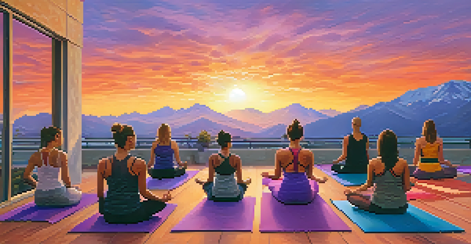 Participants practicing yoga outdoors on a rooftop with a view of the Rocky Mountains during sunset.