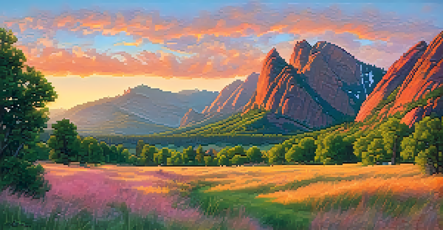 A stunning panoramic view of the Flatirons at sunrise with vibrant colors and hikers in the foreground.
