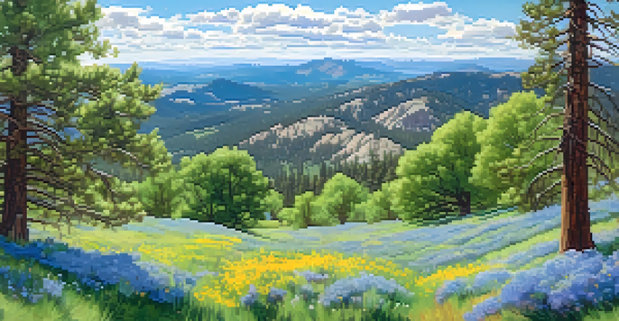 A wide view of Boulder's Foothills filled with colorful wildflowers, greenery, and tall pine trees under a blue sky with clouds.