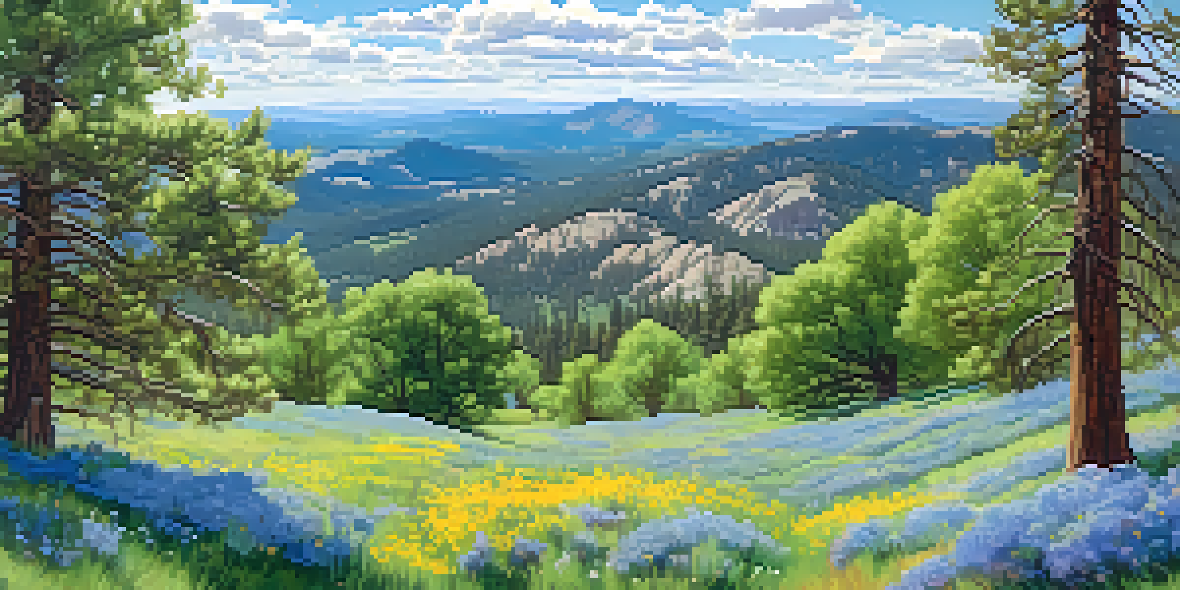 A wide view of Boulder's Foothills filled with colorful wildflowers, greenery, and tall pine trees under a blue sky with clouds.