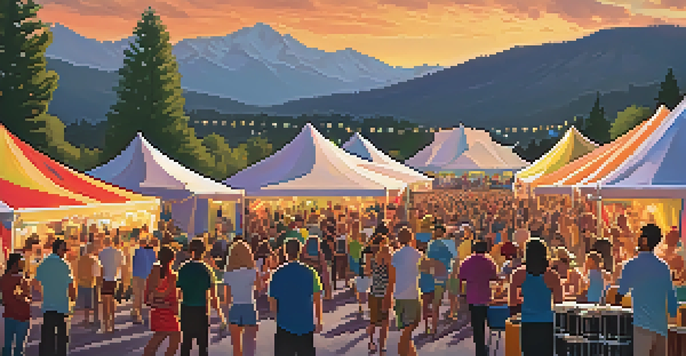 A lively outdoor music festival in Boulder with a diverse crowd enjoying performances, food vendors, and the Rocky Mountains in the background during sunset.