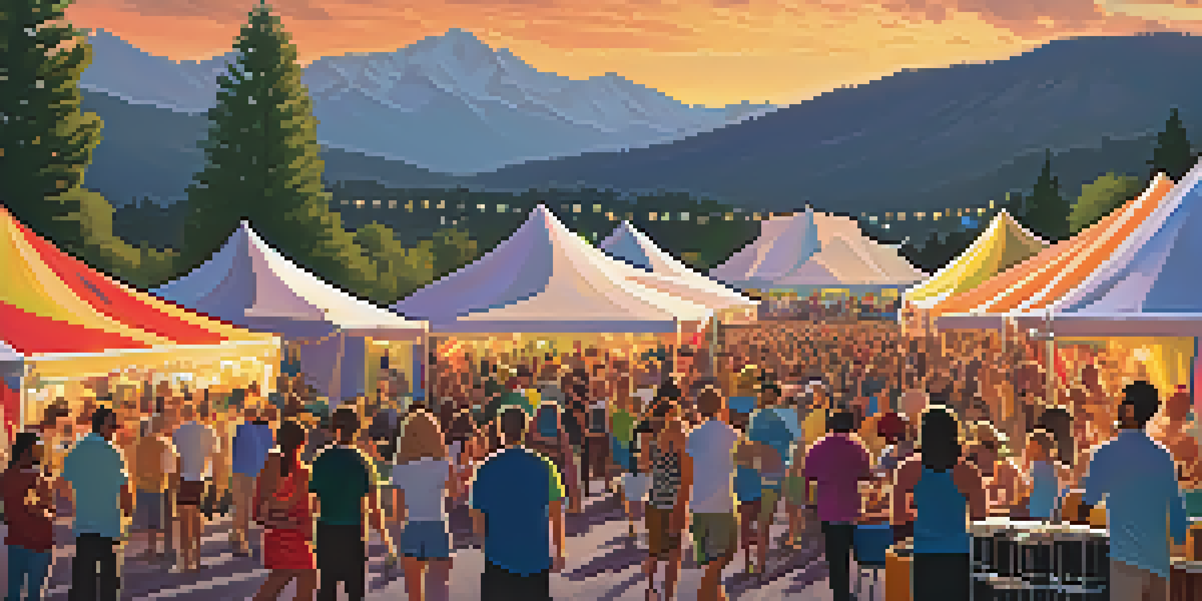 A lively outdoor music festival in Boulder with a diverse crowd enjoying performances, food vendors, and the Rocky Mountains in the background during sunset.