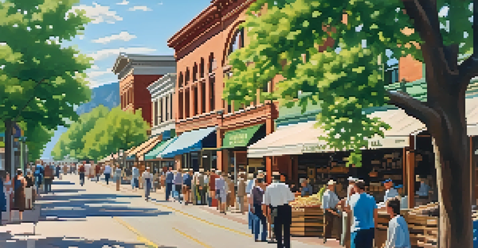 A historical view of early 20th century Boulder, featuring wooden storefronts and locals at a market with the Flatirons in the background.