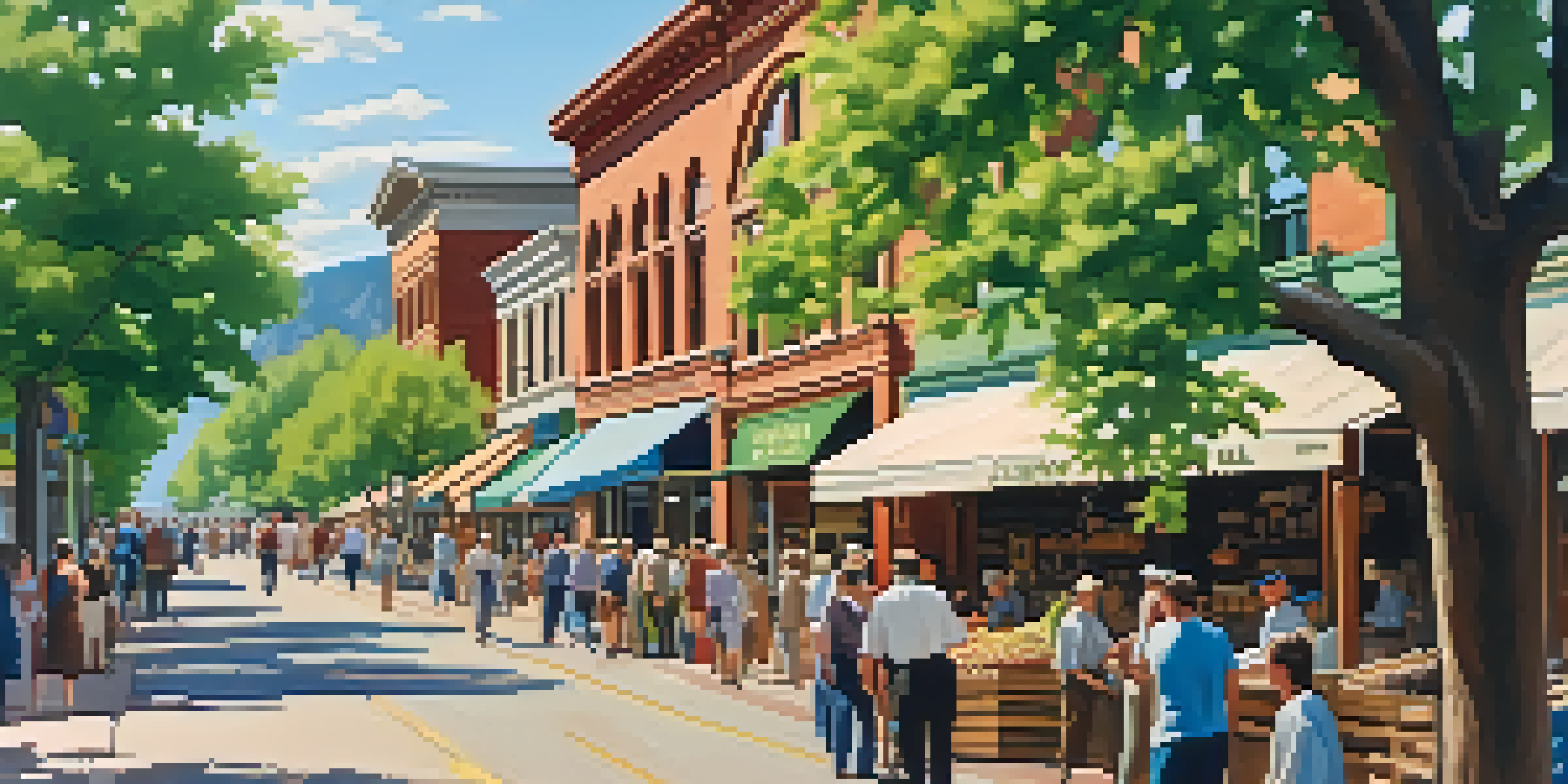 A historical view of early 20th century Boulder, featuring wooden storefronts and locals at a market with the Flatirons in the background.