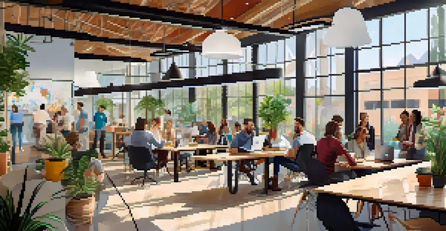 A vibrant co-working space in Boulder with entrepreneurs collaborating, natural light, and modern decor.
