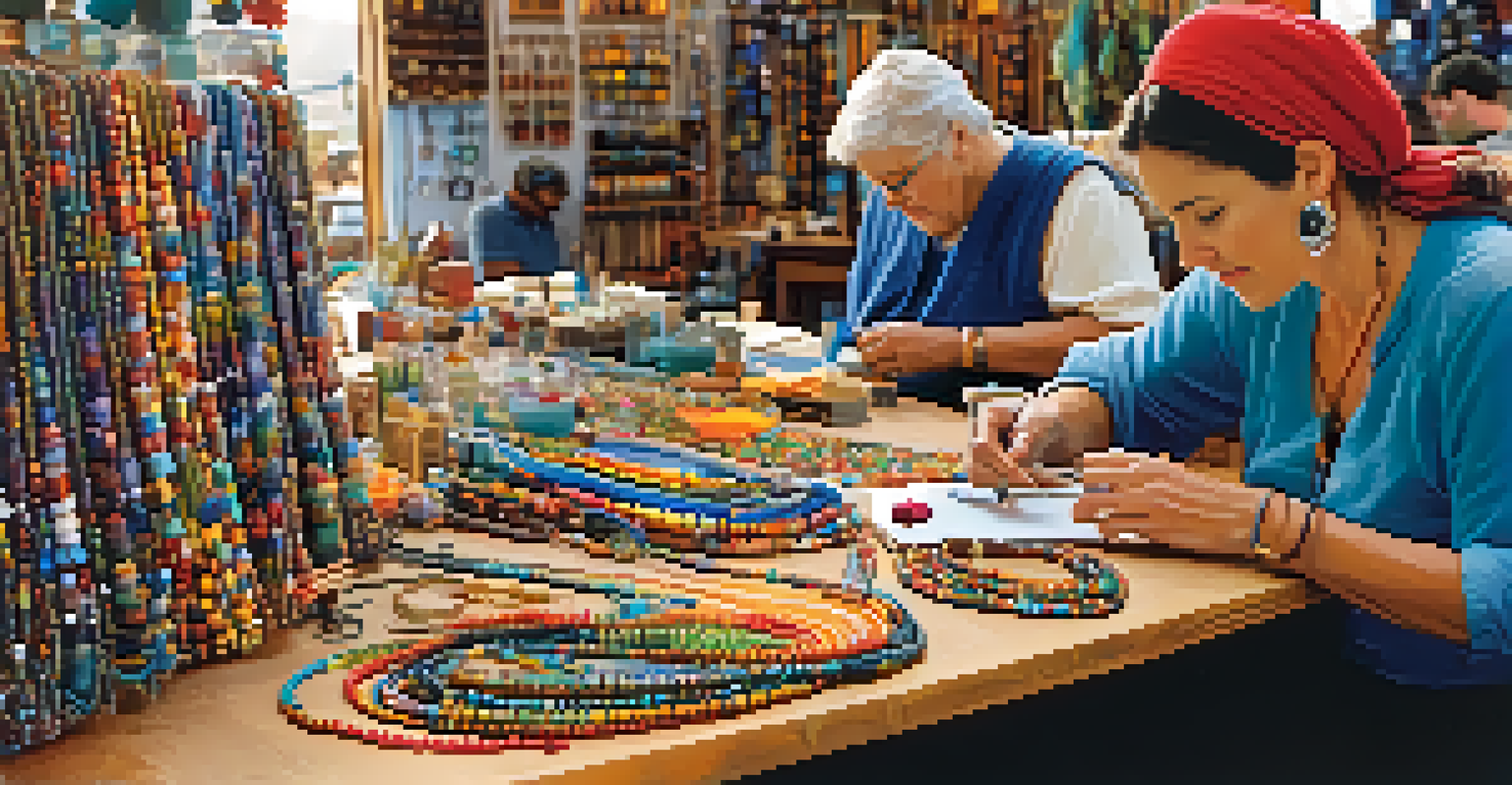 An artisan creating handmade jewelry at a market table, with colorful beads and crafts in the background.