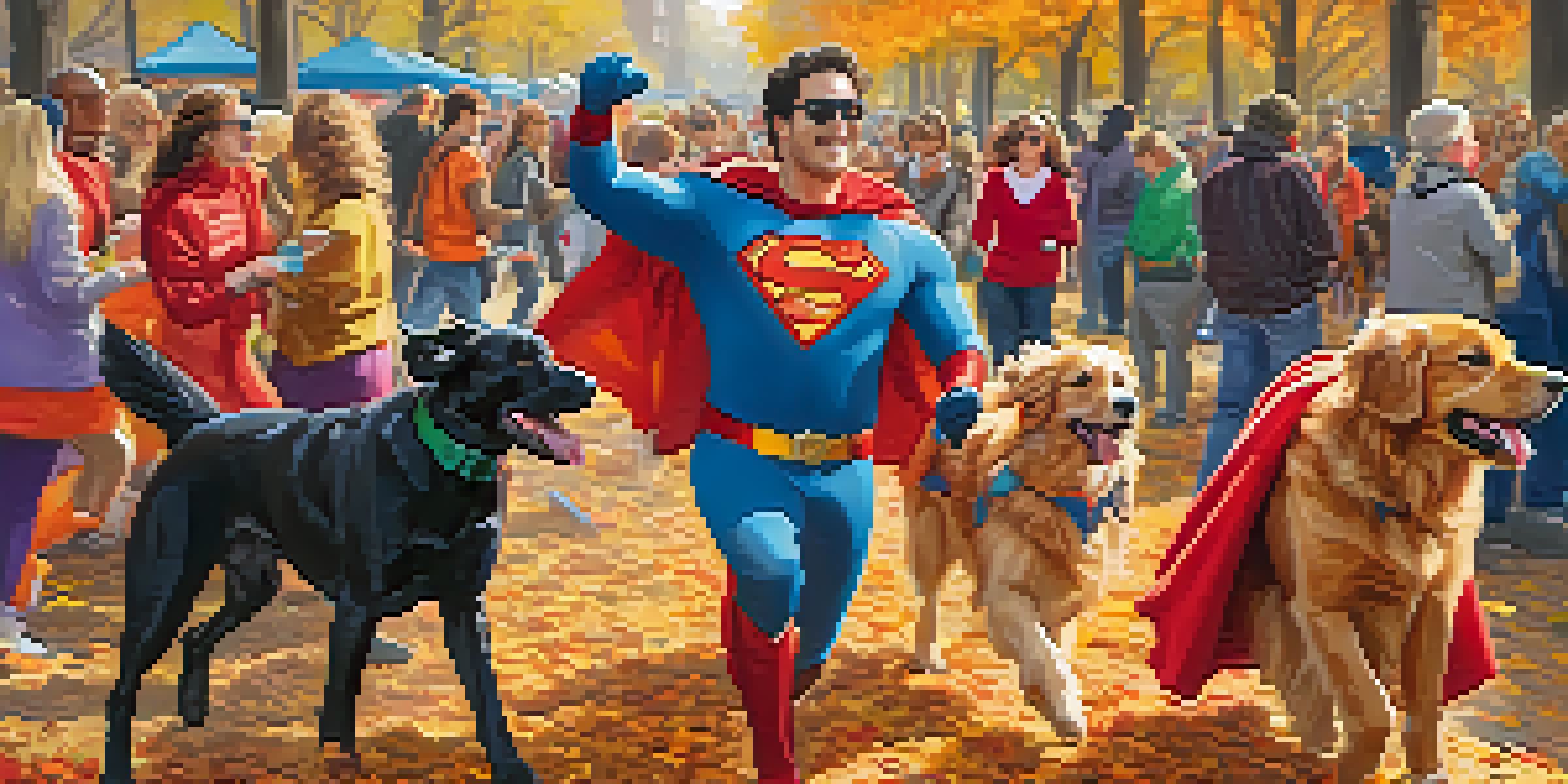 A lively pet festival in a park featuring dogs in colorful costumes during a race, with people cheering and food trucks in the background.