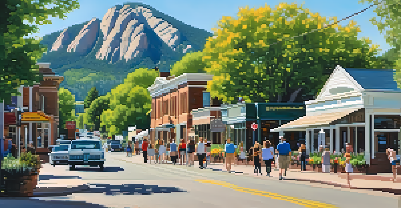 A lively street scene in Chautauqua Historic District with the auditorium and Flatirons in view, showcasing people walking amidst wildflowers under a blue sky.
