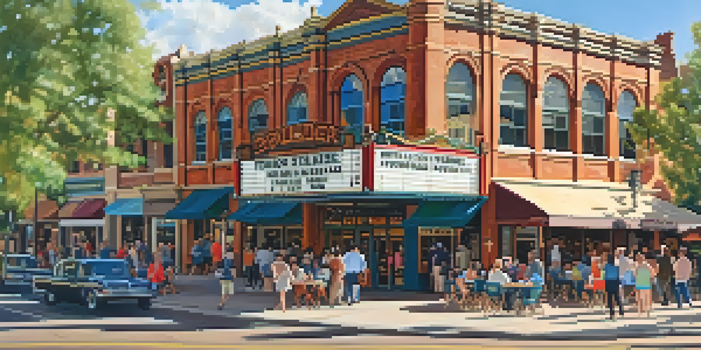 A sunny day in Boulder, Colorado, featuring the historic Flatirons Theatre and a lively community gathering with people discussing around it.