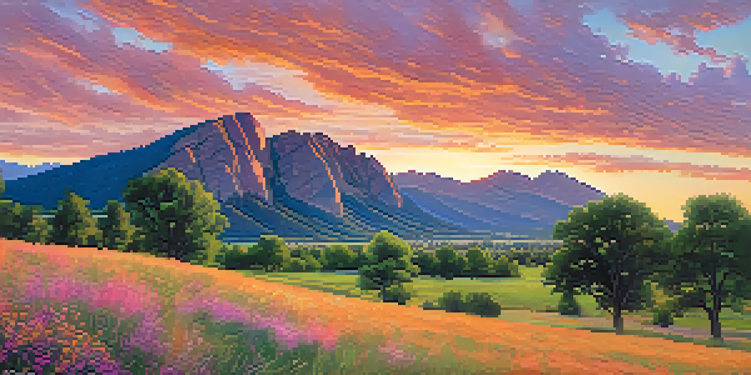 A scenic view of the Flatirons mountains in Boulder, Colorado, during sunset, with colorful sky and green vegetation in the foreground.