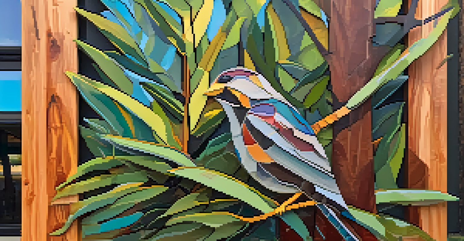 A close-up of a wood sculpture of local wildlife surrounded by colorful native plants in Boulder.