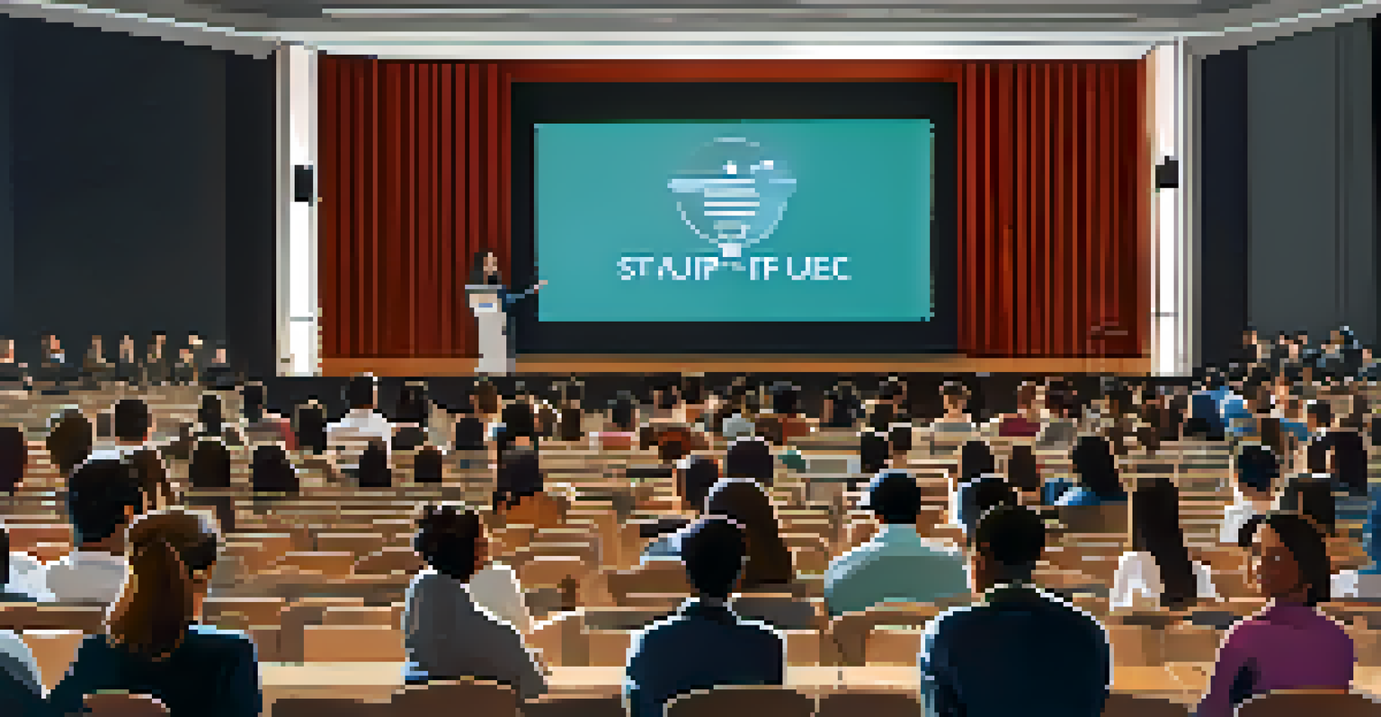 A student presenting their startup idea at a pitch competition, with an engaged audience and judges in a well-lit auditorium.