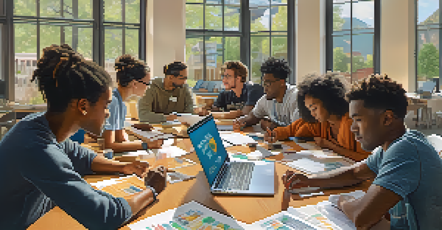 A diverse group of university students collaborating on a health project, surrounded by research materials and sustainability posters in a bright classroom.