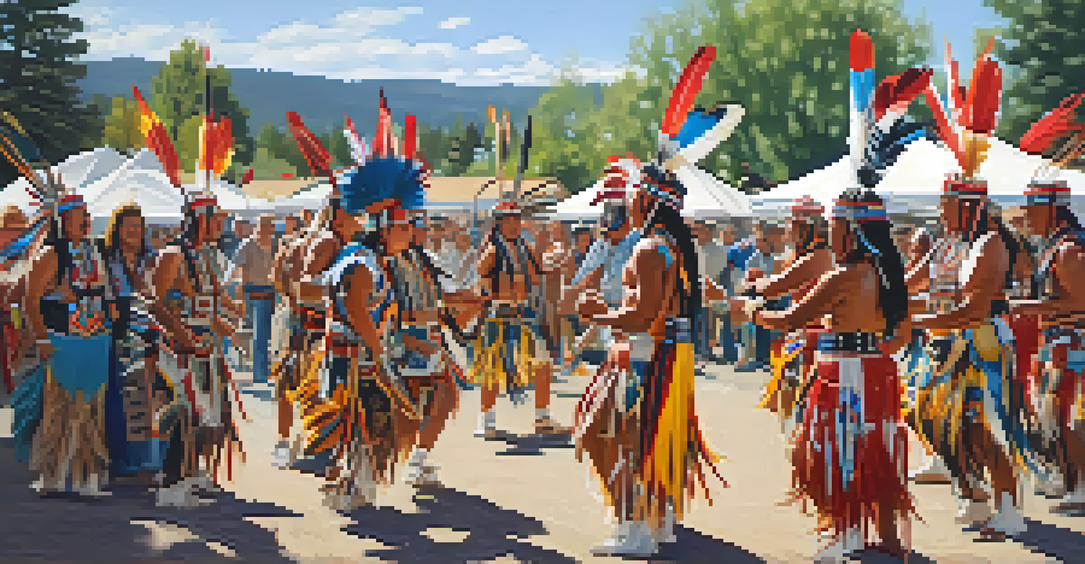 A Powwow celebration featuring dancers in colorful Native American attire performing in front of an audience.