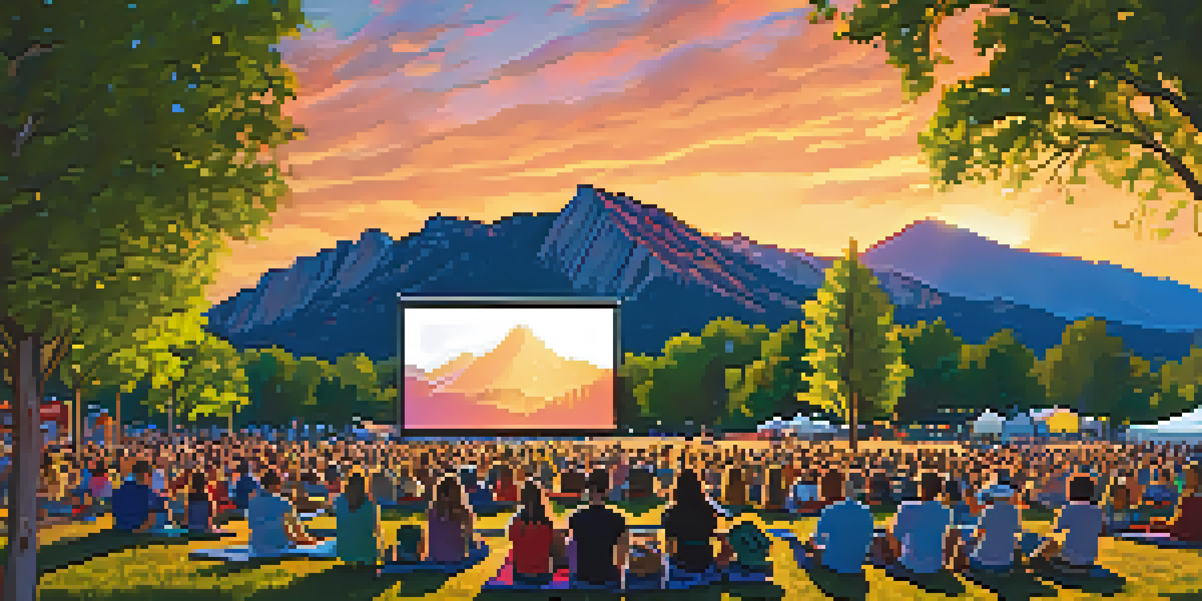 An outdoor film festival in Boulder with a large screen, diverse audience on picnic blankets, and the Flatirons in the background during sunset.