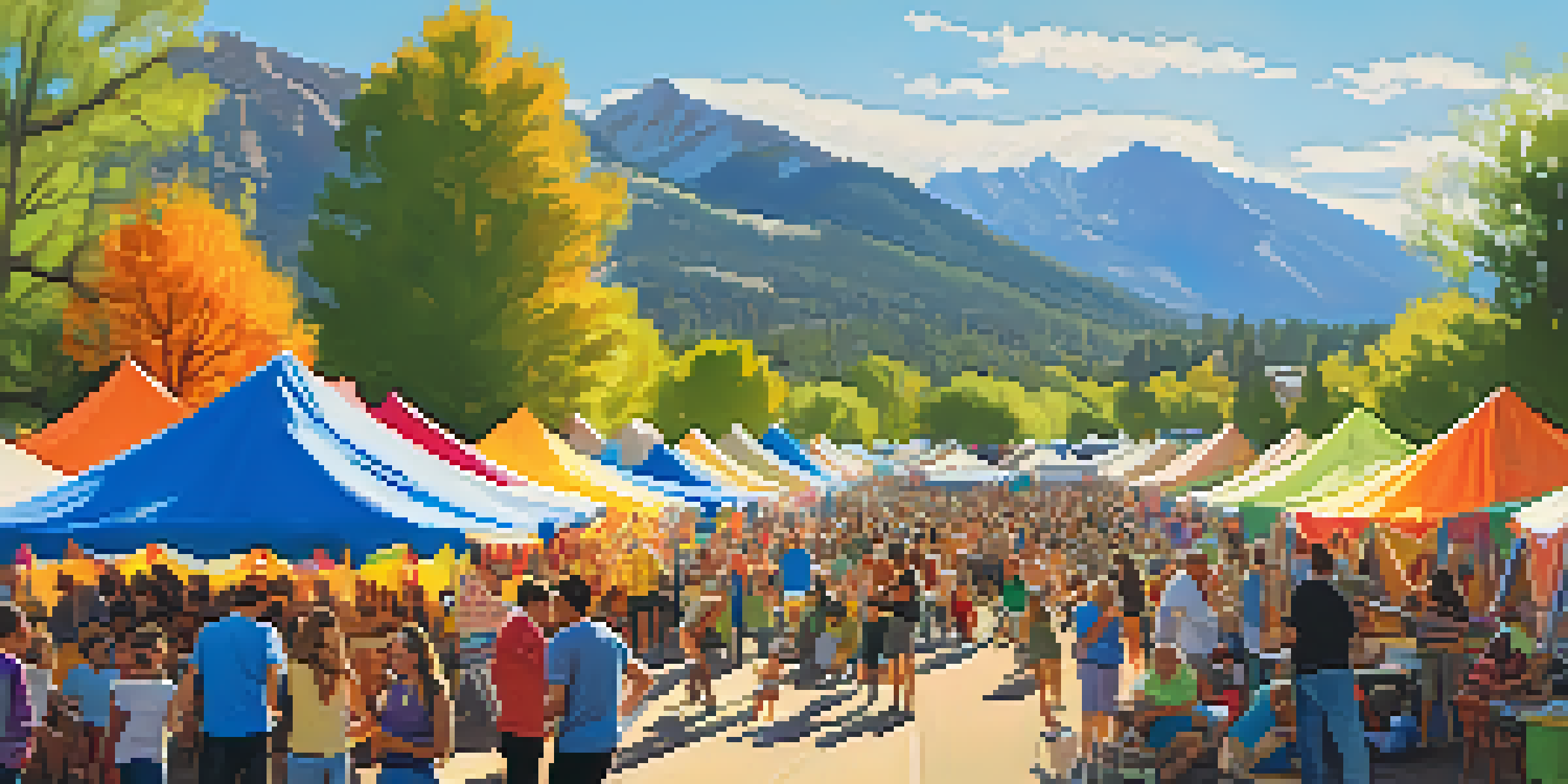 A lively community festival with people enjoying various activities, surrounded by colorful tents and natural beauty.