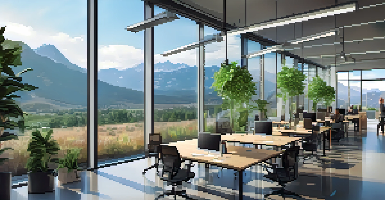 Modern tech office in Boulder with professionals collaborating and a view of the mountains.