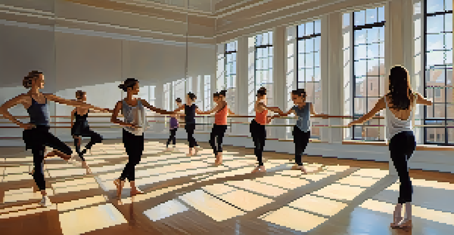 A dance class in a studio with diverse students practicing contemporary dance, mirrored walls reflecting their movements and soft natural light coming through windows.