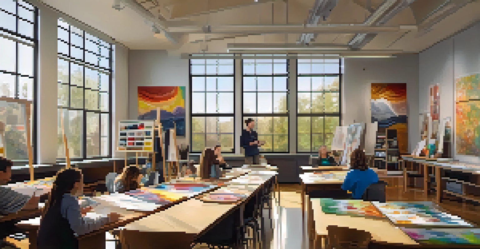 A professor teaching a class about contemporary art to attentive students in a well-lit classroom filled with artworks and art supplies.