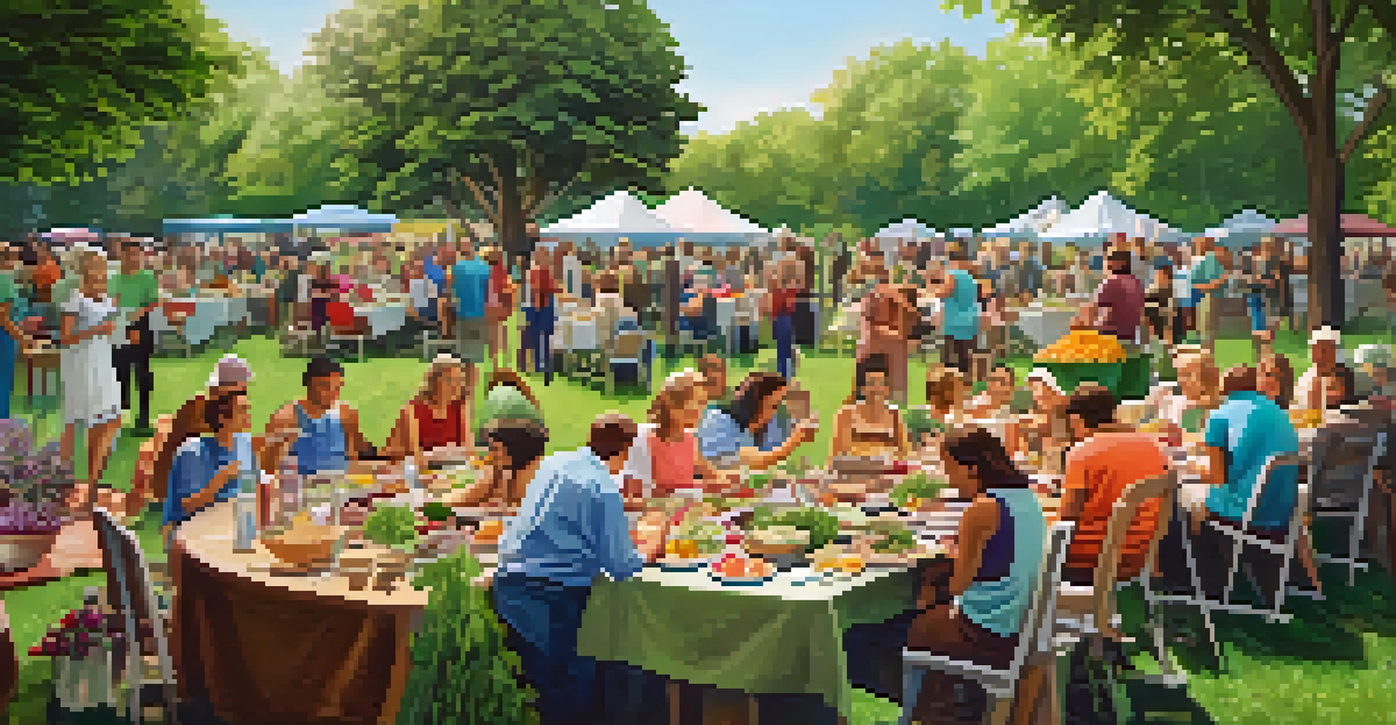 A community potluck in a park with tables of homemade dishes made from local ingredients, surrounded by families and friends enjoying the gathering.