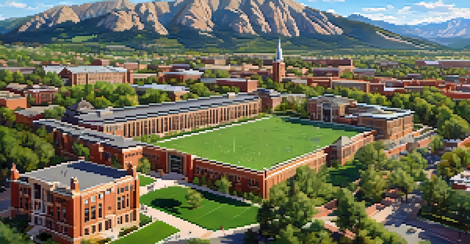 Aerial view of the University of Colorado Boulder with students and green spaces against the Flatirons.