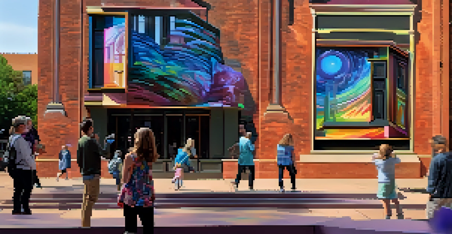People interacting with a digital projection mapping art installation on a historic building in Boulder, filled with vibrant colors and animations.