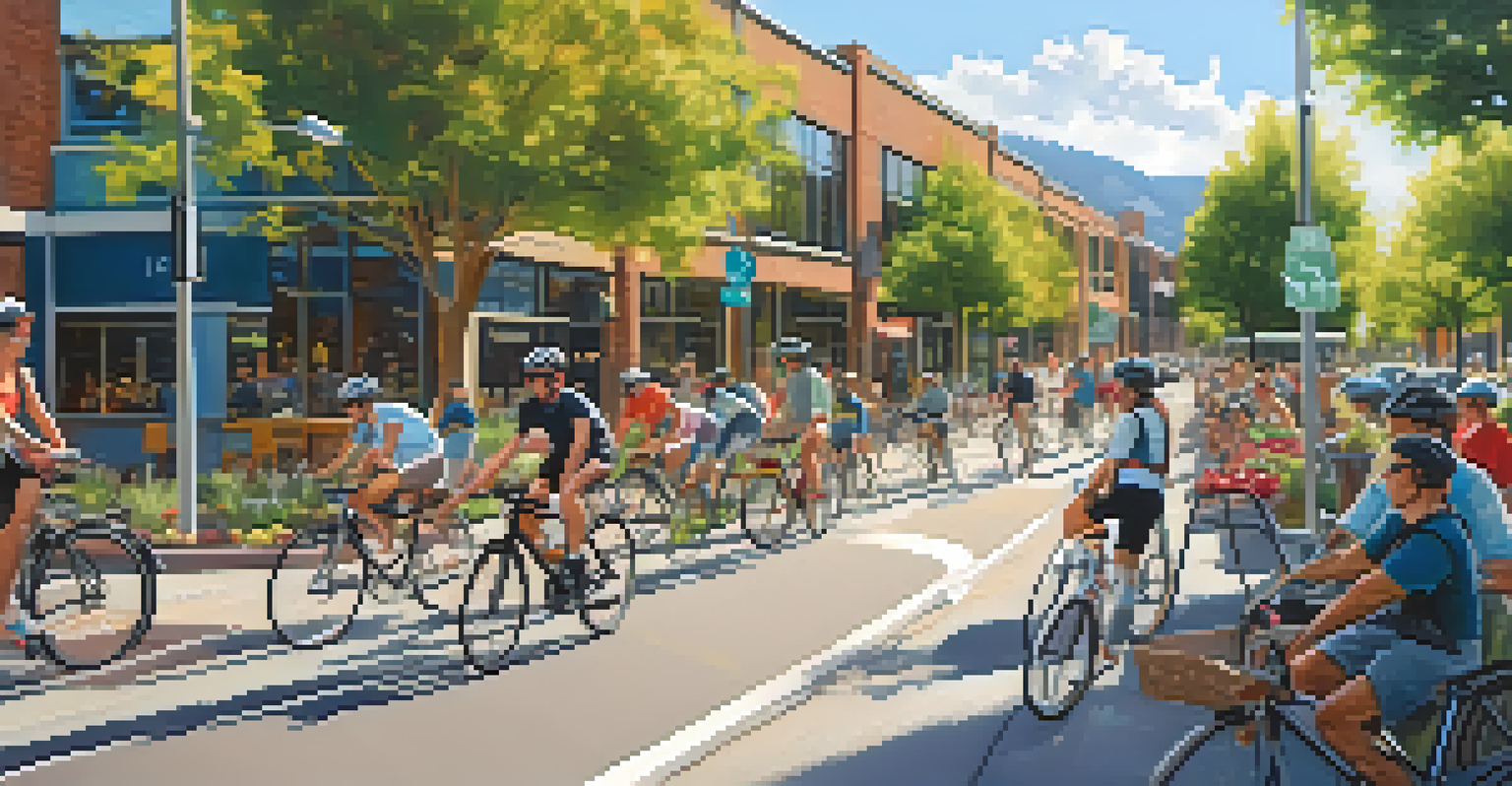 A modern bike lane in Boulder filled with cyclists, surrounded by greenery and informative signage promoting cycling safety.
