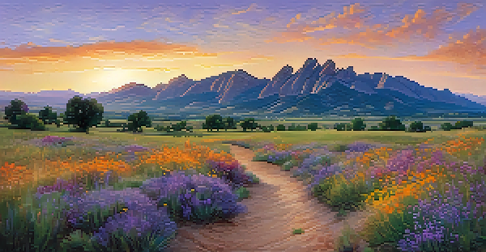 A beautiful landscape of Boulder's open spaces at sunset, featuring wildflowers and the Flatirons mountains.