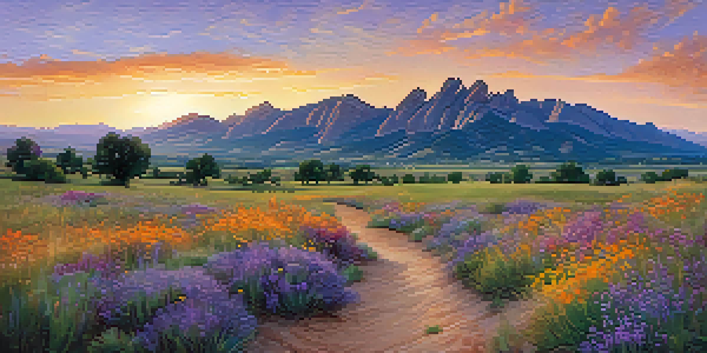 A beautiful landscape of Boulder's open spaces at sunset, featuring wildflowers and the Flatirons mountains.