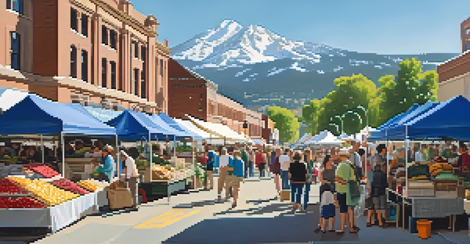 A busy farmers' market in Boulder with colorful stalls, fresh produce, and shoppers interacting with farmers, set against the Rocky Mountains.