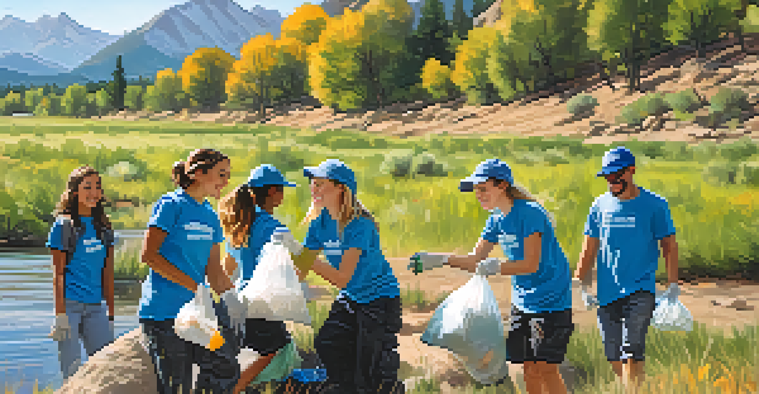 Students involved in a community clean-up event by a river in Boulder, demonstrating teamwork and environmental stewardship.