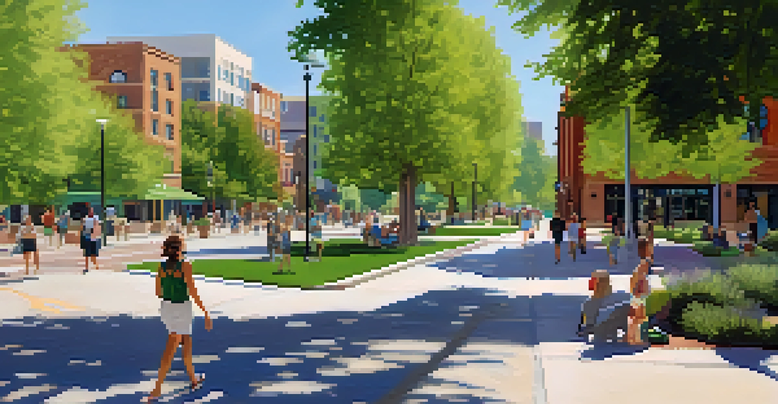 An illustration showing Boulder's urban heat island effect with a vibrant downtown area and contrasting green parks.