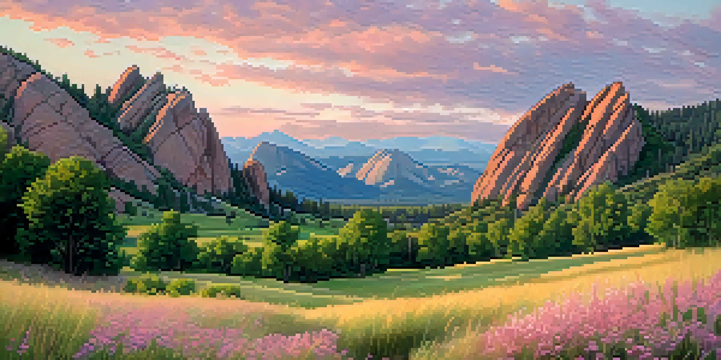 A beautiful sunrise view of the Flatirons in Boulder, Colorado, with a colorful sky and a green meadow in the foreground.