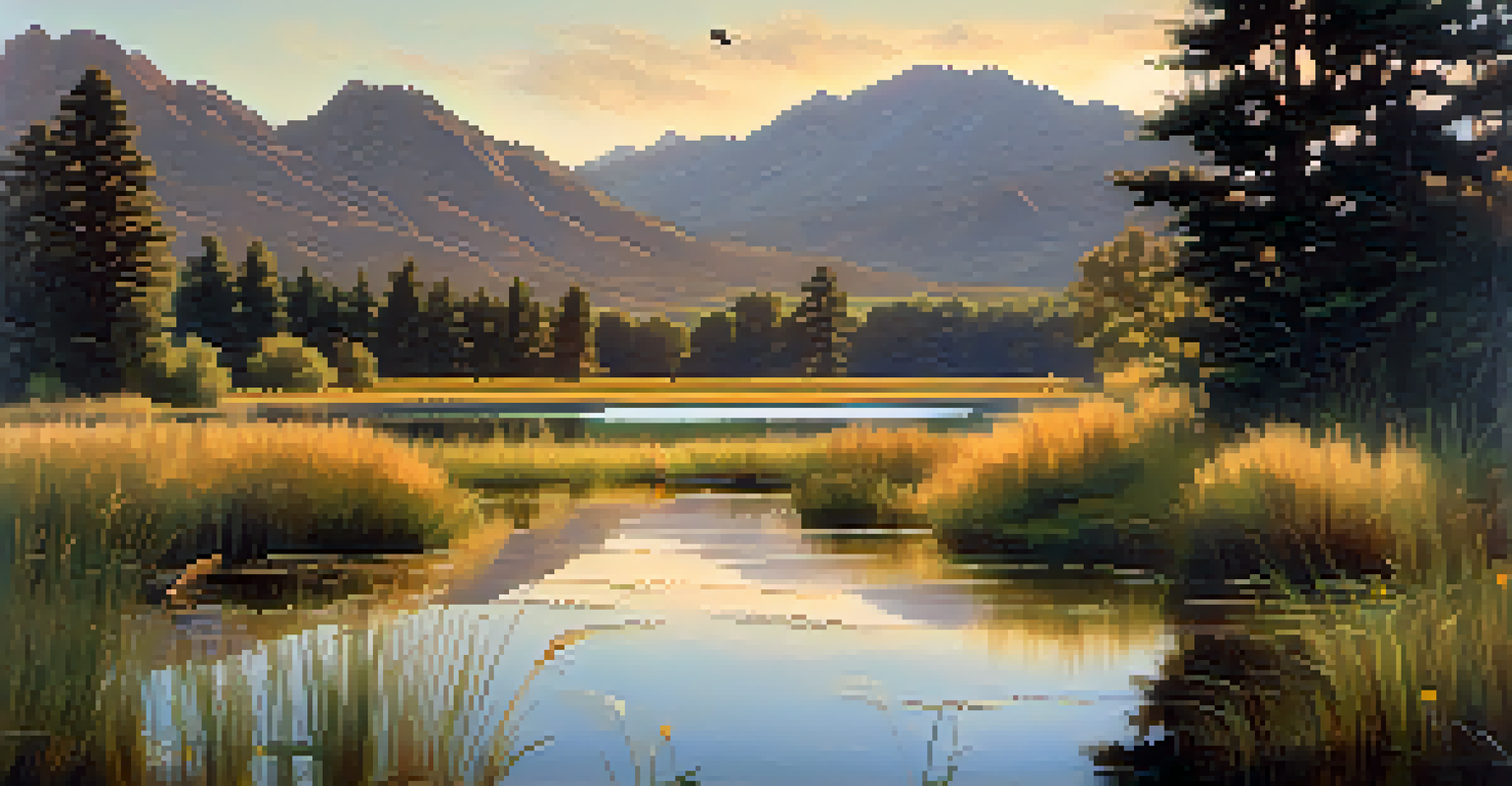 A tranquil wetland with a pond and migratory birds, surrounded by reeds and mountains at sunset.